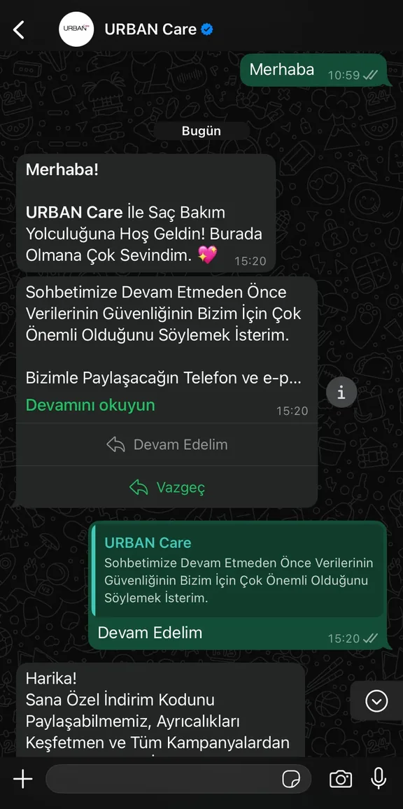URBAN Care WhatsApp welcome message