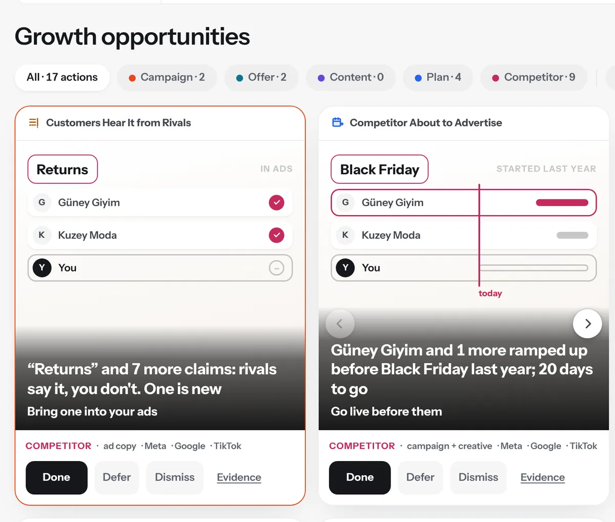 d-lens Growth opportunities screen: the “Customers Hear It from Rivals” card and the “Competitor About to Advertise” card. Demo Brand, sample data