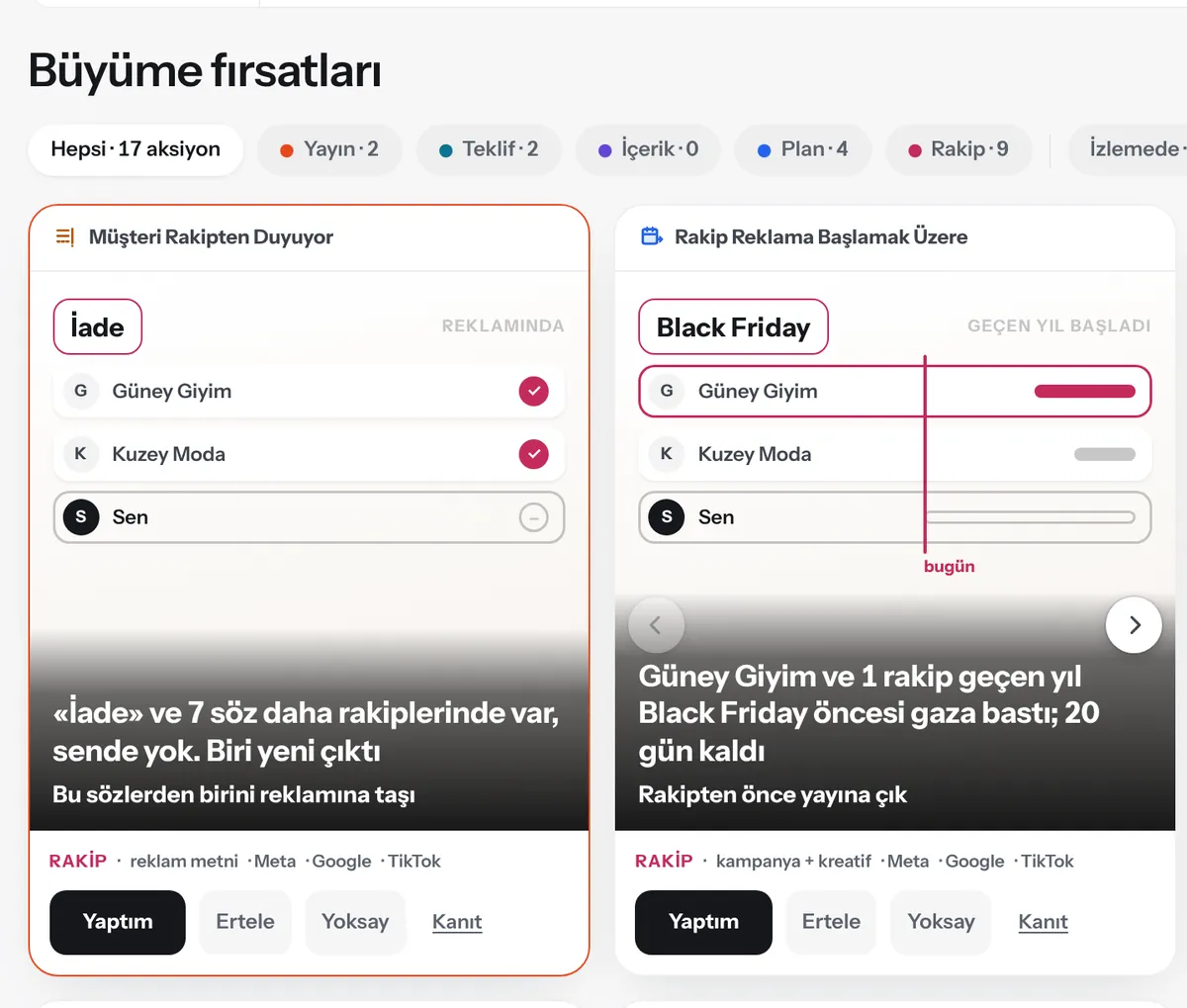 d-lens Büyüme fırsatları ekranı: «Müşteri Rakipten Duyuyor» kartı («İade» ve 7 söz daha rakiplerinde var, sende yok) ve «Rakip Reklama Başlamak Üzere» kartı. Demo Brand, örnek veri