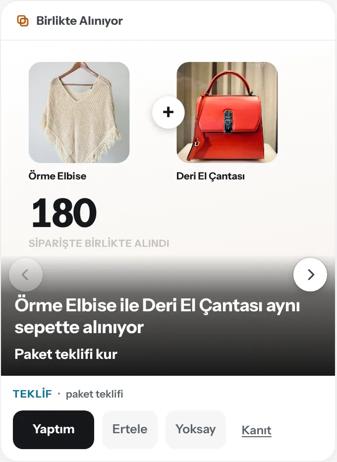 Birlikte Alınıyor kartı: Örme Elbise ile Deri El Çantası aynı sepette alınıyor, 180 siparişte birlikte alındı. Paket teklifi kur. Demo Brand, örnek veri