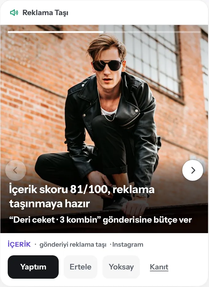 Reklama Taşı kartı: İçerik skoru 81/100, reklama taşınmaya hazır. “Deri ceket · 3 kombin” gönderisine bütçe ver. Demo Brand, örnek veri