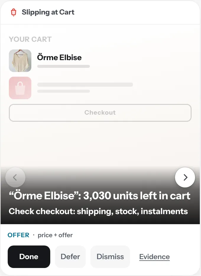 Slipping at Cart card: “Örme Elbise”: 3,030 units left in cart. Check checkout: shipping, stock, instalments. Demo Brand, sample data