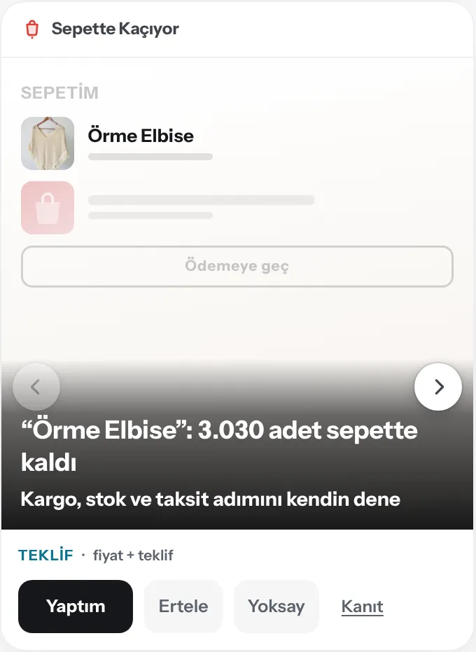 Sepette Kaçıyor kartı: “Örme Elbise”: 3.030 adet sepette kaldı. Kargo, stok ve taksit adımını kendin dene. Demo Brand, örnek veri