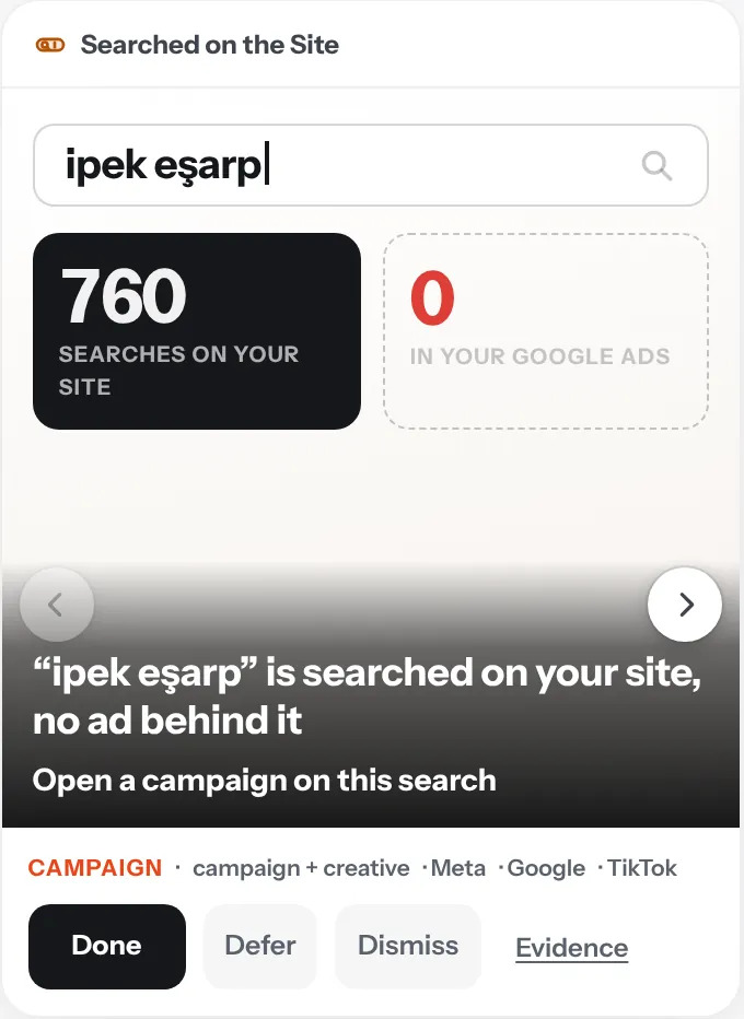 Searched on the Site card: “ipek eşarp”: 760 searches on your site, 0 in your Google Ads. Open a campaign on this search. Demo Brand, sample data