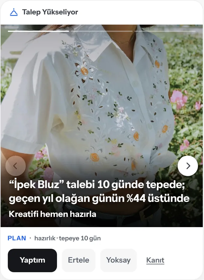 Talep Yükseliyor kartı: “İpek Bluz” talebi 10 günde tepede; geçen yıl olağan günün %44 üstünde. Kreatifi hemen hazırla. Demo Brand, örnek veri