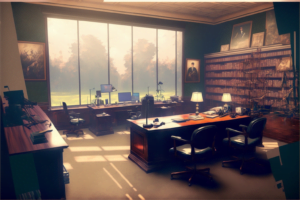 SnowyMist A principals office with a desk in the middle next to 6ce5ae51 dd25 4d77 9280 24bbb44bc504