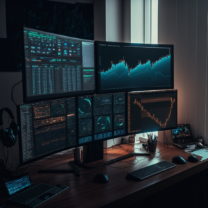 BitTornado trading desk with Monitors and bitcoin charts real P b757f985 860a 40bd a478 2b64ab04055e